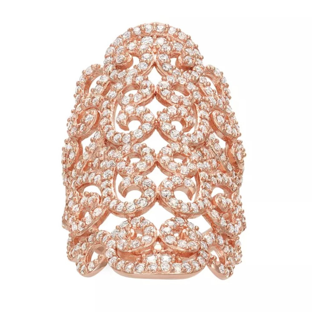 14k Rose Gold Plated Sterling Silver Lab-Created White Sapphire Filigree Ring S7 - Picture 1 of 11
